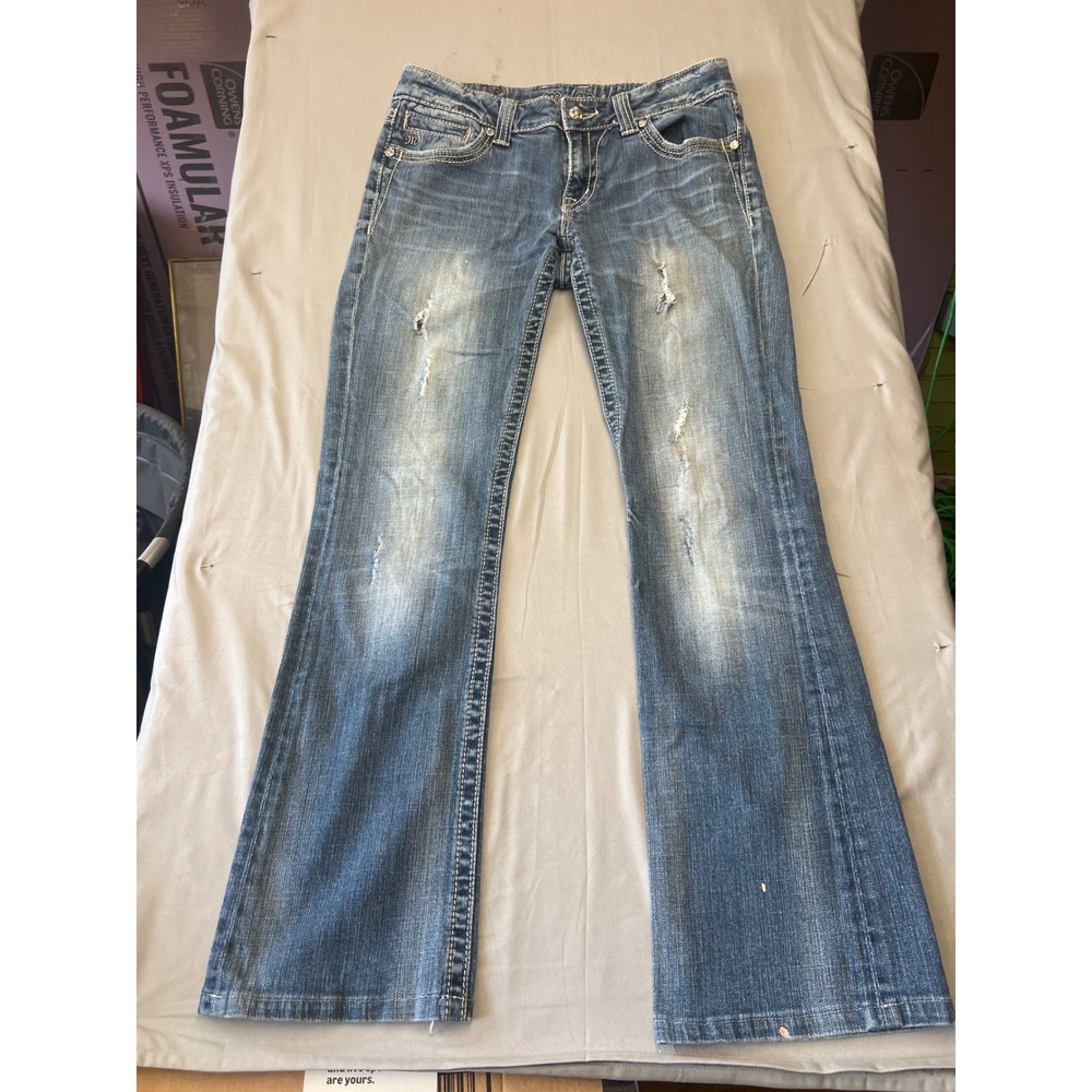 Miss Me JP5109 Bootcut Jeans Medium Wash Distressed Fleur De Lis Rhinestone 30